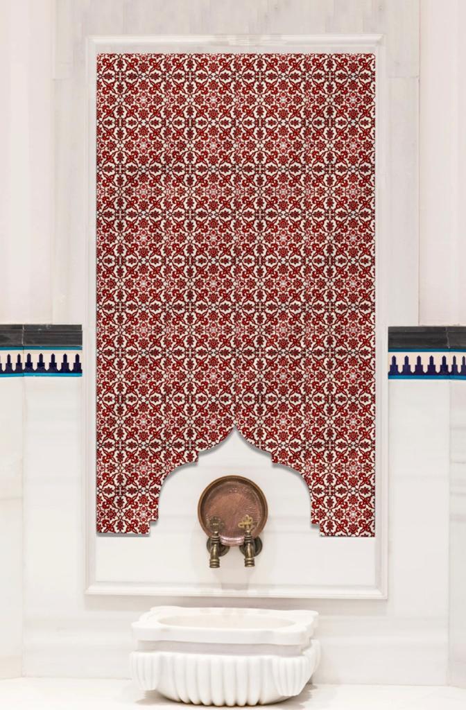 Hamam Çinileri - 0015, Lider Çini, 80x160 Kırmızı Geometri Hamam Çini Pano, Hamam Kurna Önü Çinisi, Hamam Çini Seramik, Hamam Kurnası Çini Pano