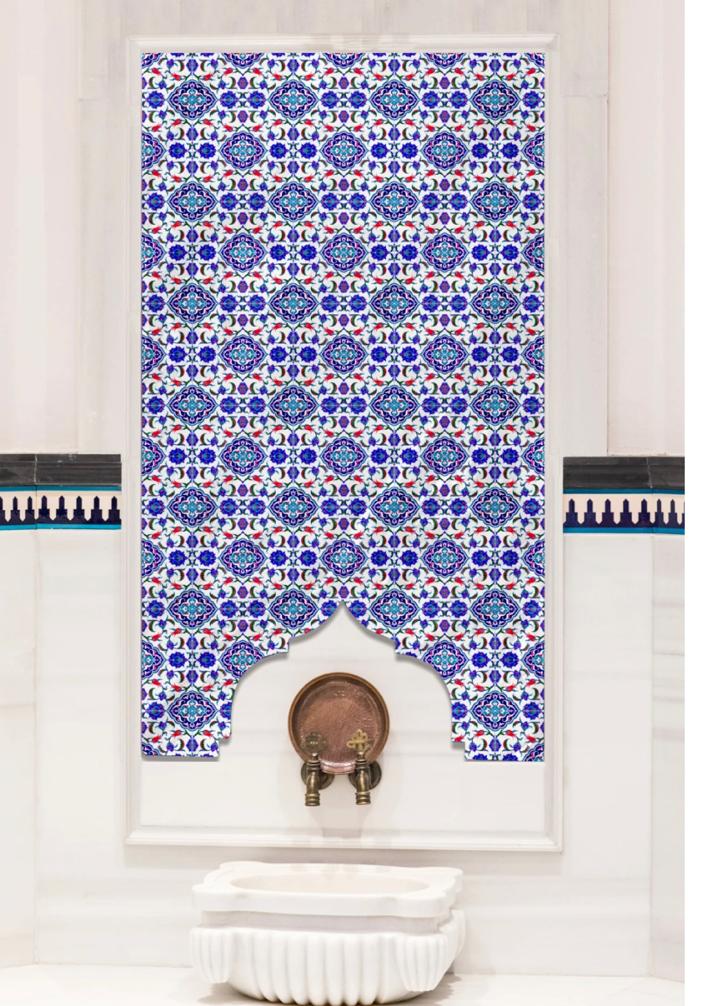 Hamam Çinileri - 0025, Lider Çini, 80x160 Mavi Beyaz Osmanlı Çini Desenli Hamam Kurna Arkası Çinileri, Bahtroom Tiles, Hamam Panoları, Duş İçi Seramik Çini Pano