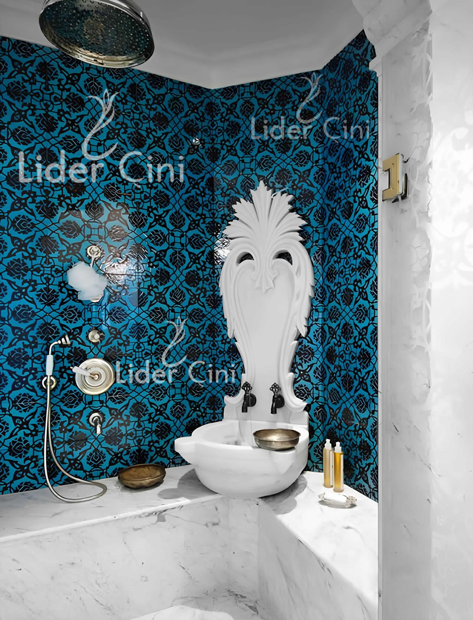 Hamam Çinileri-87, Lider Çini, Mavi Beyaz Hamam Kurna Önü Çinileri,  Hamam Karo Çinileri, Hamam Sauna Çinileri, Villa Tipi Hamam Çini