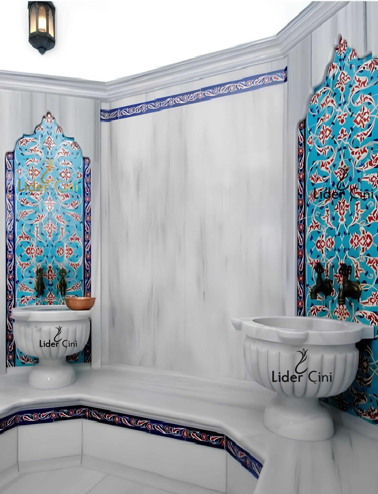 Hamam Çinileri-89, Lider Çini, Osmanlı Hamam Çini Modeli, Geleneksel Türk Hamamı Çinileri, Hamam Panoları, Duş İçi Seramik Çini Pano