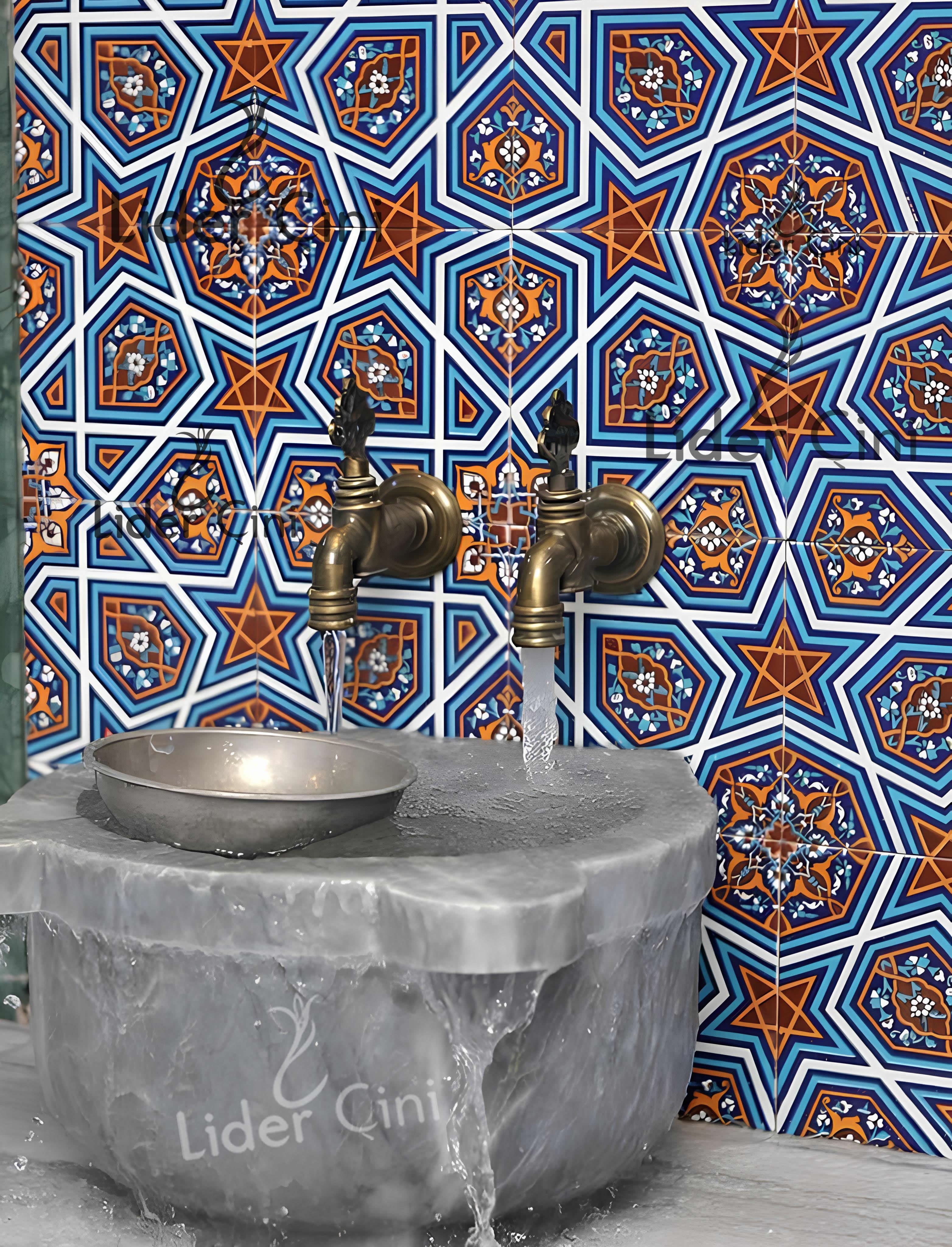 Hamam Çinileri-90, Lider Çini, Turkuaz Lacivert Hayat Ağacı Çini Pano,  Türk Hamamı, Çinili Hamam Tasarımı, Jakuzi Önü Çini Panolar