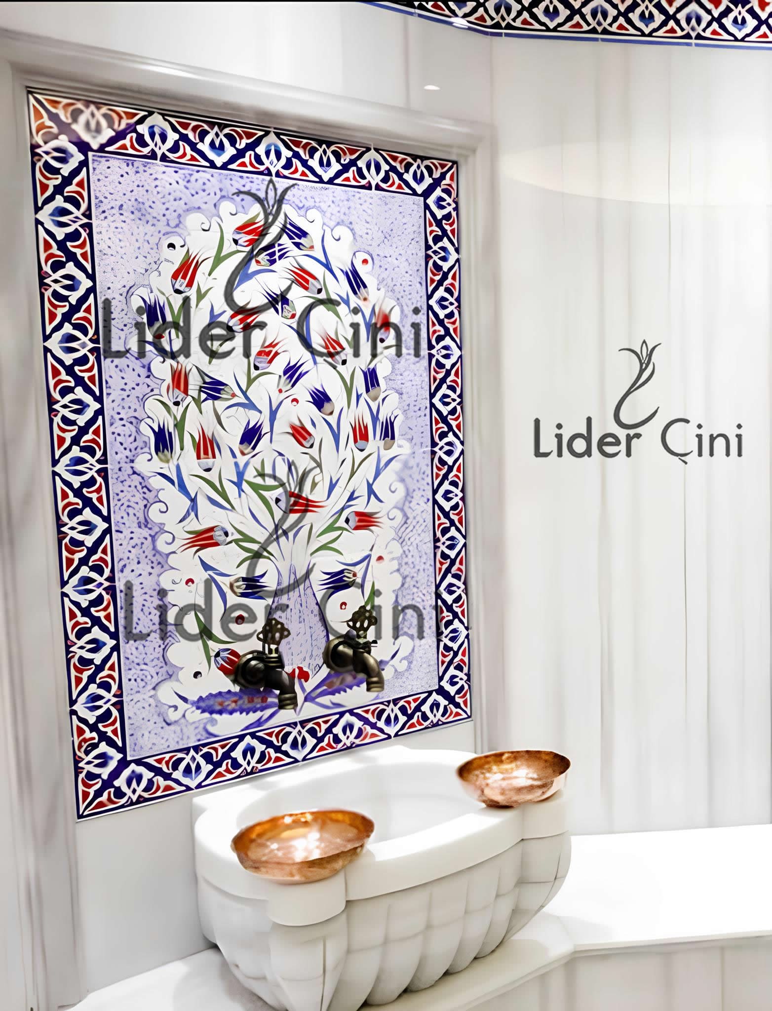 Hamam Çinileri-93, Lider Çini, 60x140 Selçuklu Çini Hamam Çinisi, Hamam Panosu, Banyo Hamam Çini Pano, Duş Seramik Çini Pano